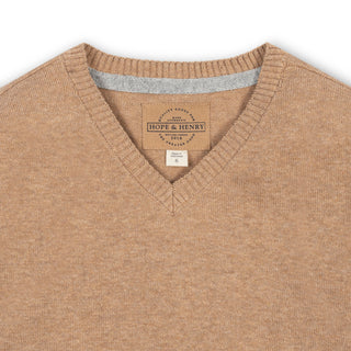 BOYS Camel Heather Organic V-Neck Sweater with Elbow Patches