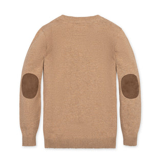 BOYS Camel Heather Organic V-Neck Sweater with Elbow Patches