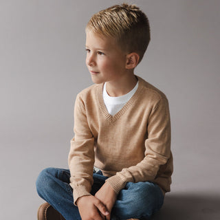 BOYS Camel Heather Organic V-Neck Sweater with Elbow Patches