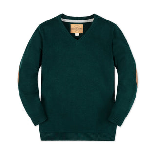 BOYS Deep Green Organic V-Neck Sweater with Elbow Patches