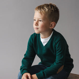 BOYS Deep Green Organic V-Neck Sweater with Elbow Patches