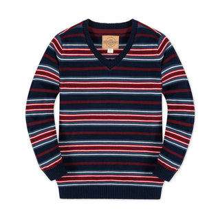 BOYS Navy Stripe Organic V-Neck Sweater with Elbow Patches