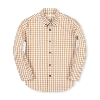 BOYS Tan Gingham Organic Stretch Poplin Shirt