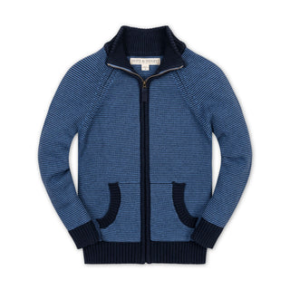 BOYS Blue Microstripe Organic Full Zip Mock Neck Sweater
