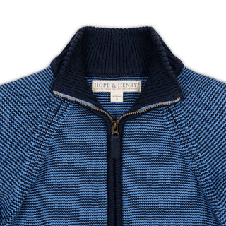 BOYS Blue Microstripe Organic Full Zip Mock Neck Sweater