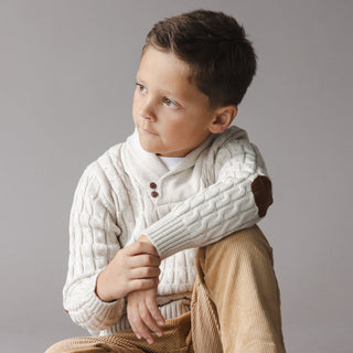 BOYS Light Oatmeal Heather Organic Shawl Collar Cable Sweater