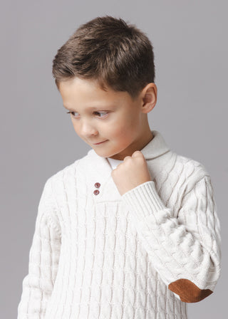 BOYS Light Oatmeal Heather Organic Shawl Collar Cable Sweater