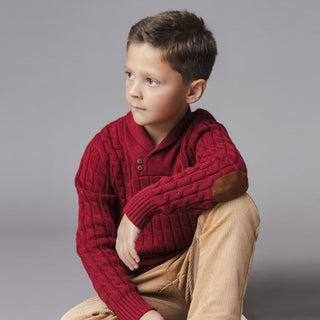 BOYS Oxblood Cable Organic Shawl Collar Cable Sweater