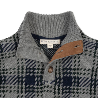 BOYS Classic Gray Plaid Intarsia Organic Mock Neck Sweater