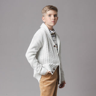 BOYS Light Gray Heather Cable Organic Shawl Collar Cardigan