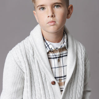 BOYS Light Gray Heather Cable Organic Shawl Collar Cardigan