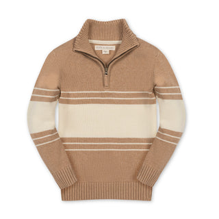 BOYS Camel and Ivory Chest Stripe Organic Half Zip Sweater