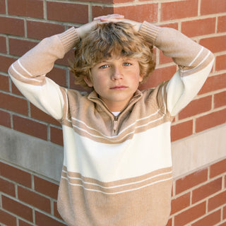 BOYS Camel and Ivory Chest Stripe Organic Half Zip Sweater
