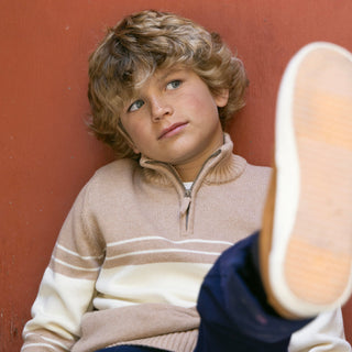 BOYS Camel and Ivory Chest Stripe Organic Half Zip Sweater