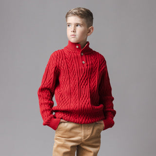 BOYS Red Twist Cable Organic Mock Neck Cable Sweater
