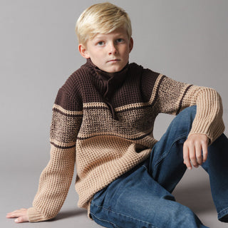 BOYS Camel and Chocolate Stripe Organic Mock Neck Waffle Sweater