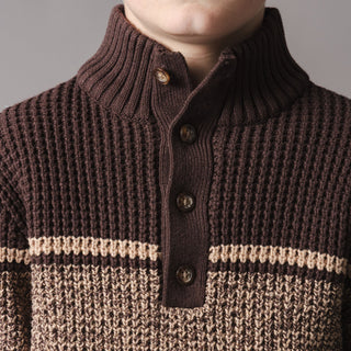 BOYS Camel and Chocolate Stripe Organic Mock Neck Waffle Sweater