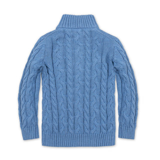 BOYS Medium Blue Heather Cable Organic Mock Neck Cable Sweater