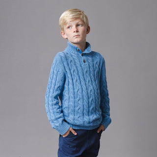 BOYS Medium Blue Heather Cable Organic Mock Neck Cable Sweater