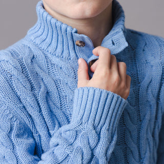 BOYS Medium Blue Heather Cable Organic Mock Neck Cable Sweater