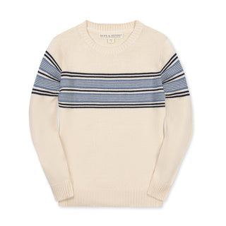 BOYS Ivory and Blue Chest Stripe Organic Crewneck Sweater