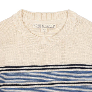 BOYS Ivory and Blue Chest Stripe Organic Crewneck Sweater