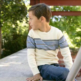 BOYS Ivory and Blue Chest Stripe Organic Crewneck Sweater