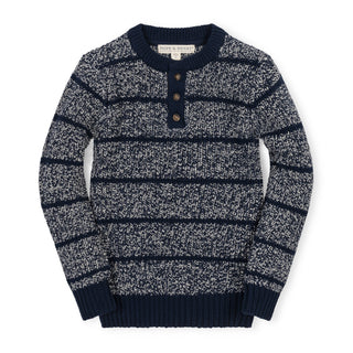 BOYS Navy Marl Stripe Organic Sweater Henley with Elbow Patches