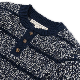 BOYS Navy Marl Stripe Organic Sweater Henley with Elbow Patches