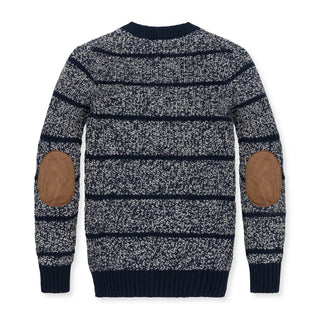 BOYS Navy Marl Stripe Organic Sweater Henley with Elbow Patches