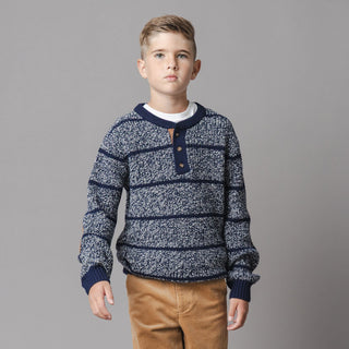 BOYS Navy Marl Stripe Organic Sweater Henley with Elbow Patches