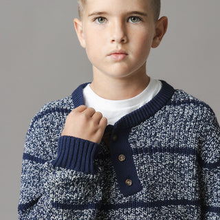 BOYS Navy Marl Stripe Organic Sweater Henley with Elbow Patches
