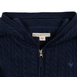 BOYS Navy Cable Organic Full Zip Hooded Sweater