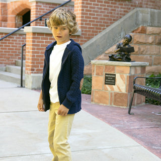 BOYS Navy Cable Organic Full Zip Hooded Sweater