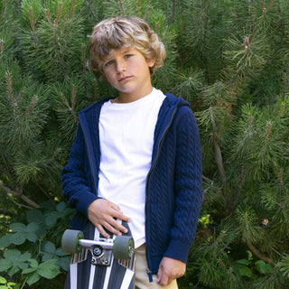 BOYS Navy Cable Organic Full Zip Hooded Sweater