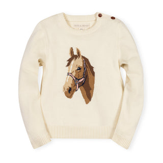 GIRLS Ivory Horse Intarsia Organic Horse Intarsia Sweater