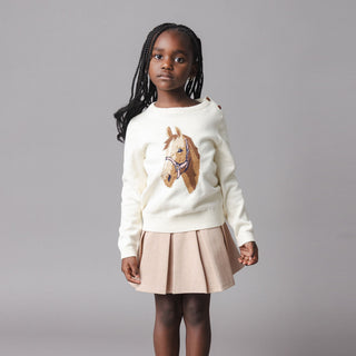 GIRLS Ivory Horse Intarsia Organic Horse Intarsia Sweater