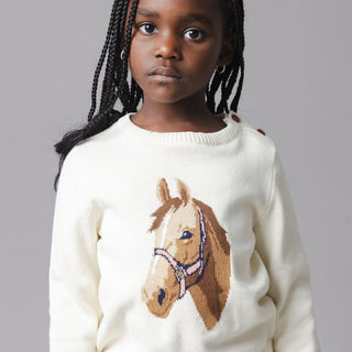 GIRLS Ivory Horse Intarsia Organic Horse Intarsia Sweater