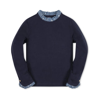 GIRLS Navy with Chambray Organic Ruffle Trim Knit Top