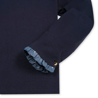 GIRLS Navy with Chambray Organic Ruffle Trim Knit Top