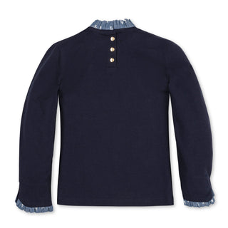 GIRLS Navy with Chambray Organic Ruffle Trim Knit Top