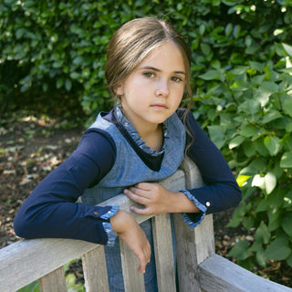 GIRLS Navy with Chambray Organic Ruffle Trim Knit Top
