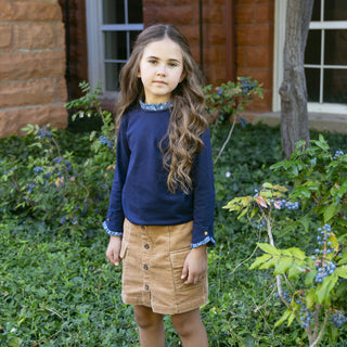 GIRLS Navy with Chambray Organic Ruffle Trim Knit Top