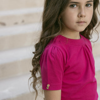 GIRLS Vivid Pink Organic Puff Sleeve Knit Top