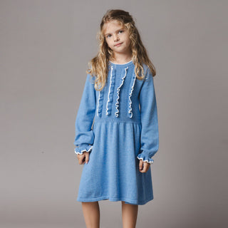 GIRLS Medium Blue Heather Organic Ruffle Bodice Sweater Dress