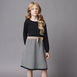 GIRLS Black Houndstooth Organic Skater Sweater Dress with Bow