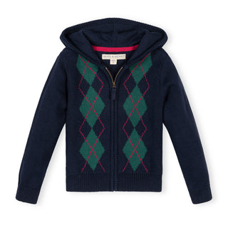 GIRLS Navy Argyle Organic Full Zip Hoodie Sweater