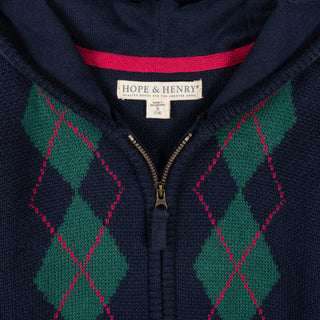 GIRLS Navy Argyle Organic Full Zip Hoodie Sweater