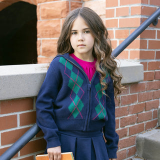 GIRLS Navy Argyle Organic Full Zip Hoodie Sweater