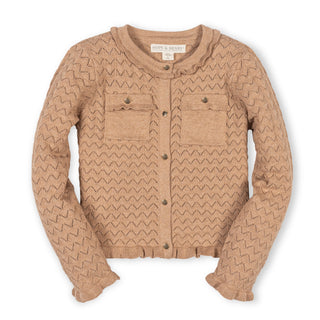 GIRLS Camel Heather Organic Ruffle Trim Pointelle Cardigan